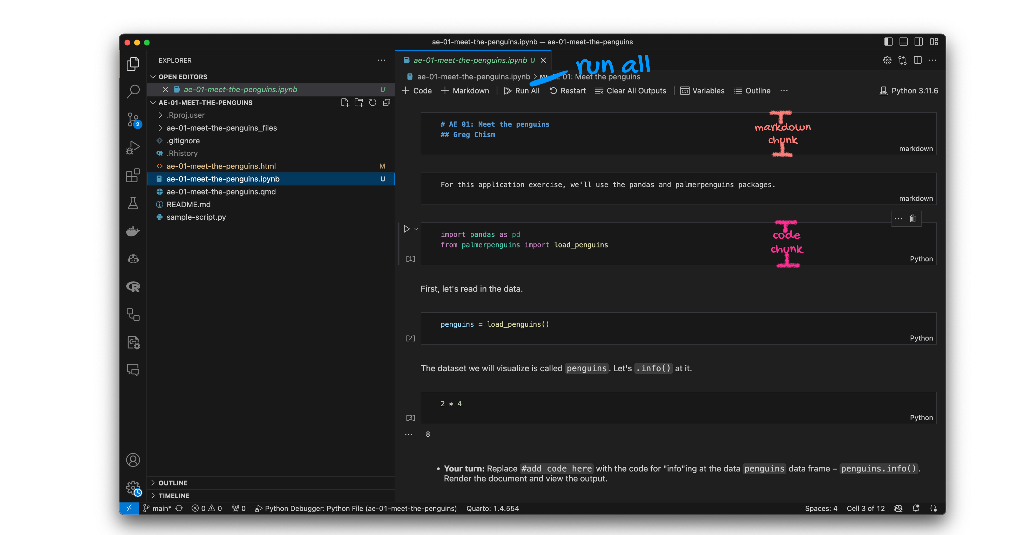 RStudio IDE with a Quarto document, source code on the left and output on the right. Annotated to show the YAML, a link, a header, and a code chunk.